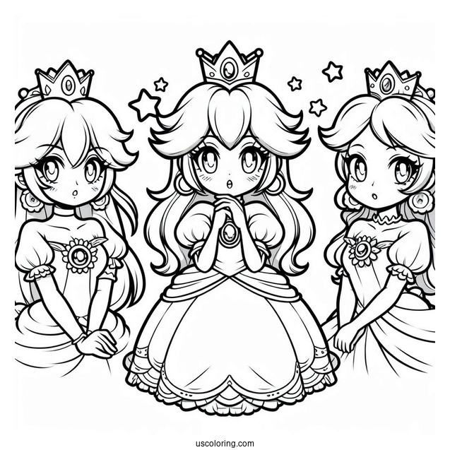 Easy Princess Peach, Rosalina, And Princess Daisy Coloring Page For Kids