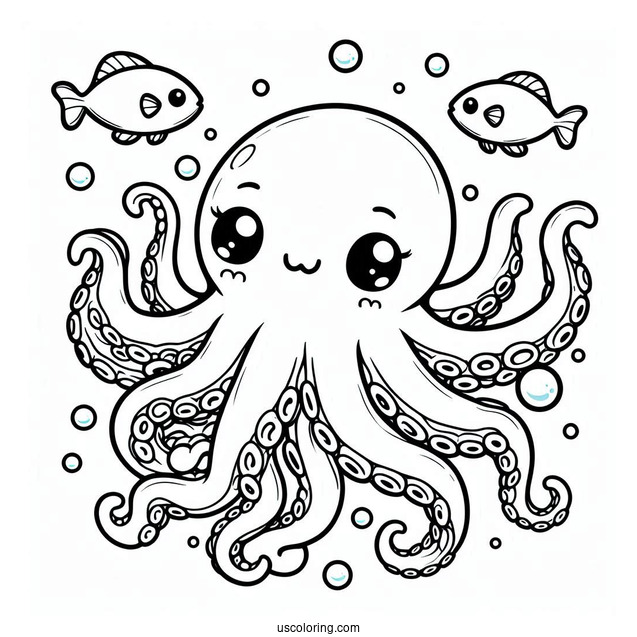 Chibi Octopus Coloring Page Swimming With Fish