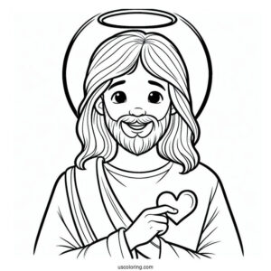 Smiling Jesus Coloring Pages With A Halo Holding A Love Heart For Preschoolers