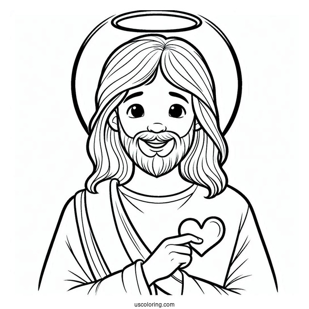 Smiling Jesus Coloring Pages With A Halo Holding A Love Heart For Preschoolers