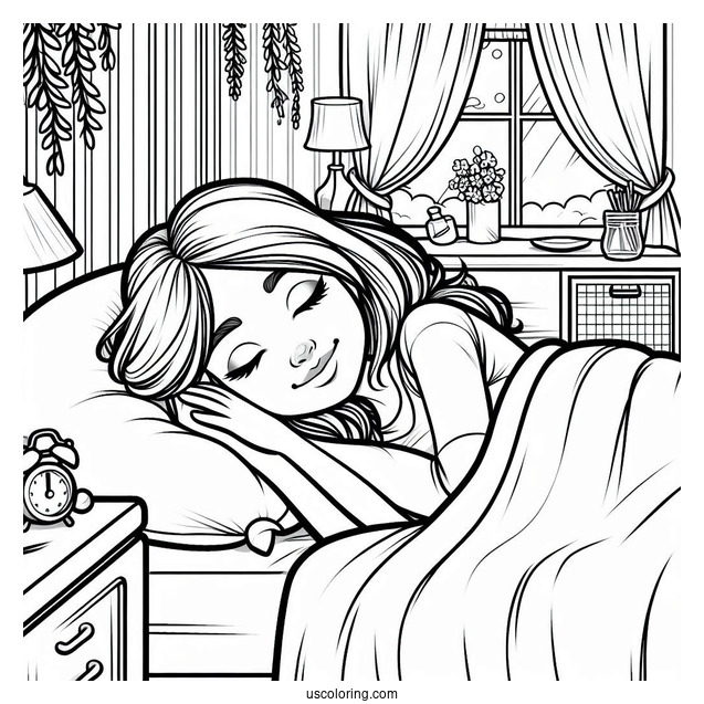 Woman Sleeping In Her Cozy Bedroom Coloring Page For Kids