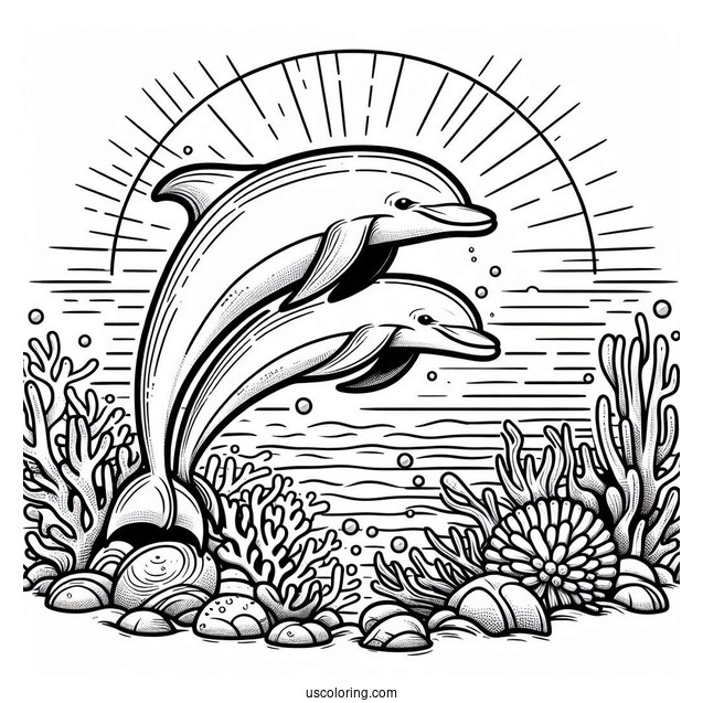 Two Dolphins Swimming On Reef Coloring Page