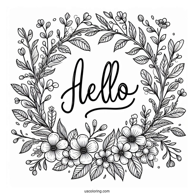 Calligraphy Hello Spring Coloring Page With Flower Wreath