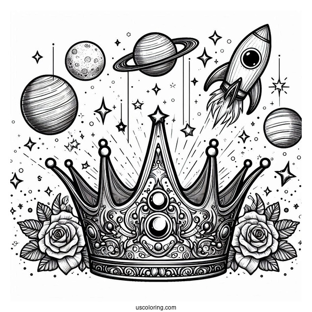 Galactic Crown Coloring Page with Planets, Stars, and Rocket Launch