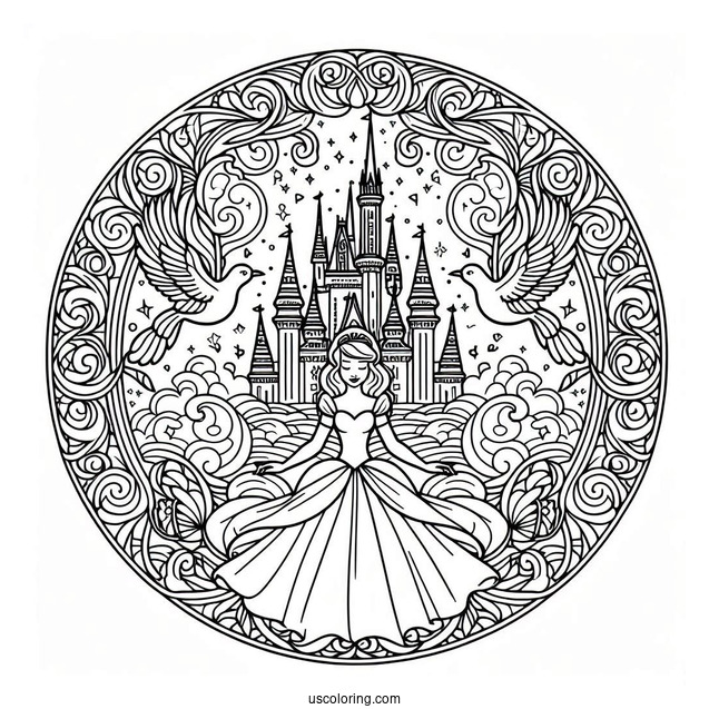Fantastical Cinderella Mandala With A Castle And Doves