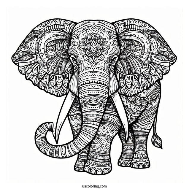 Detailed Mandala Elephant To Color With Tusks