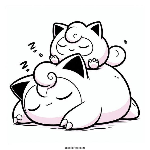 Jigglypuff Sleeping On Top Of Snorlax Coloring Page