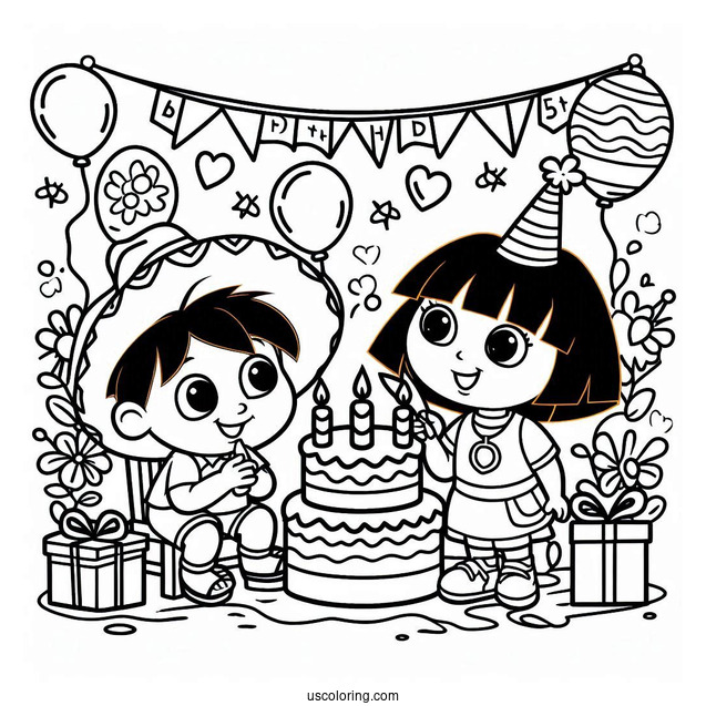 Dora Happy Birthday Coloring Page For Kids
