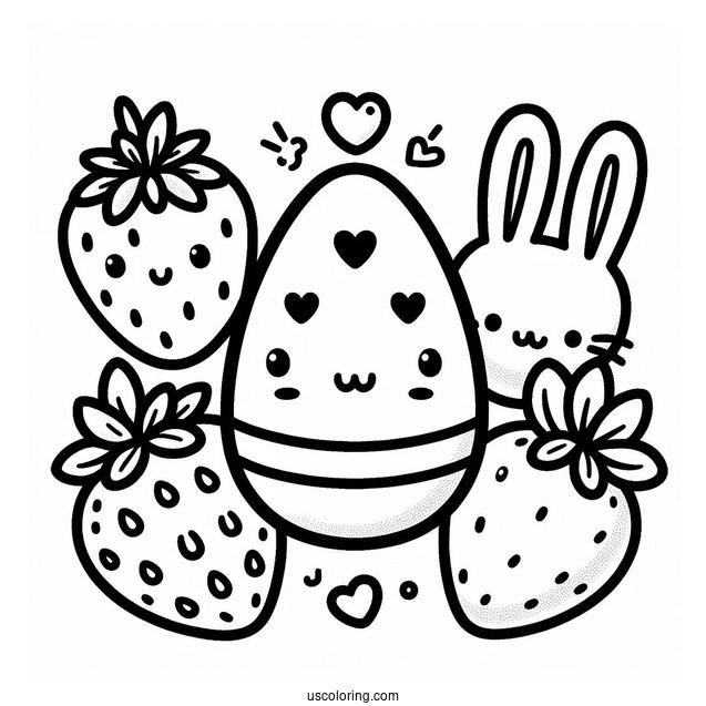 Kawaii Easter Egg Strawberry, Carrot, Bunnies, And Hearts Designs Coloring Sheet