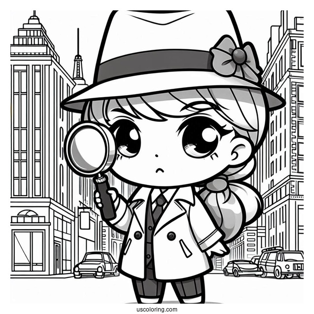 Mysterious Chibi Coloring Page Detective Holding Magnifying Glass in a City Street