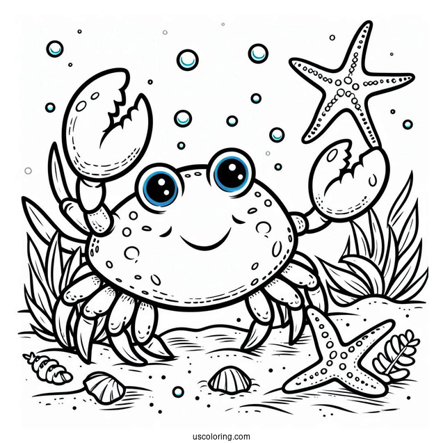 Cartoon Crab Approaching Starfish Coloring Page At Sea
