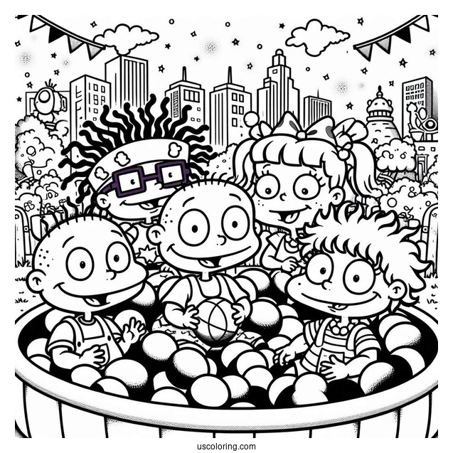 Rugrats Coloring Page Of Tommy, Chuckie, Angelika, Susie, And Dil In Ball Pit