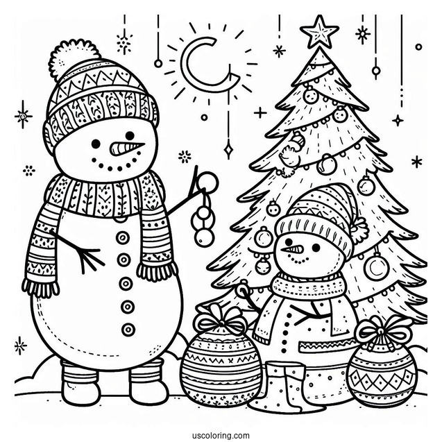 Coloring Page a Snowman Decorating a Christmas Tree