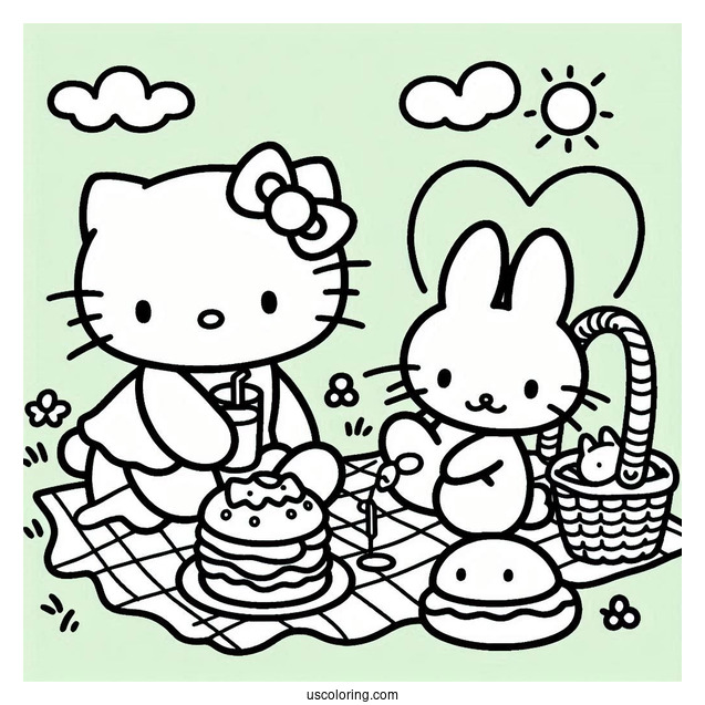 Hello Kitty And Miffy Coloring Page Having A Picnic