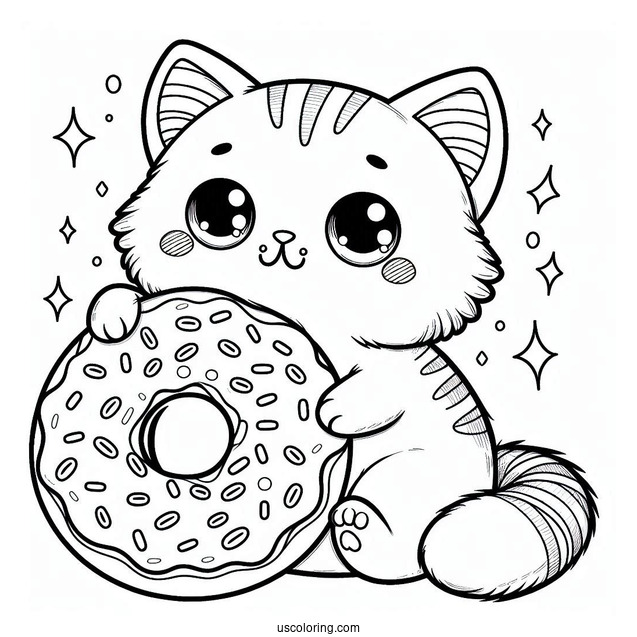 Cute Coloring Page Adorable Cat With A Giant Donut