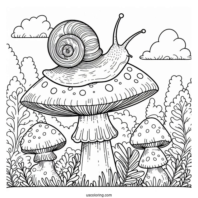 Snail Crawling On Top Of A Mushroom Coloring Page For Preschoolers