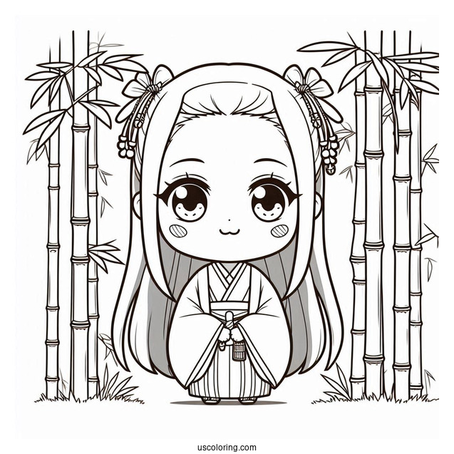 Chibi Nezuko Coloring Page In Bamboo Forest For Preschoolers