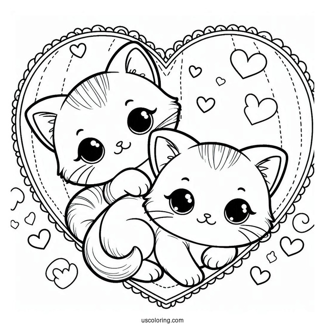 Cute Coloring Page Kittens Inside A Love Heart