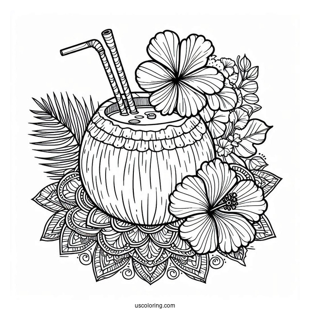Summer Coloring Page Of Coconut Drink With Hibiscus Flower And Mandala
