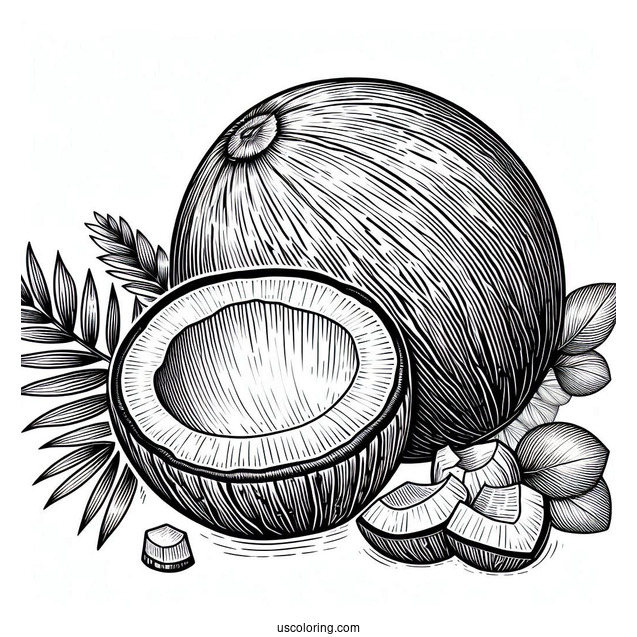 Realistic Whole And Half Coconut Coloring Page For Kids