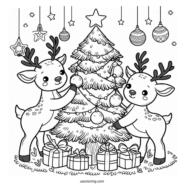 Two Cute Reindeer Decorating Christmas Tree