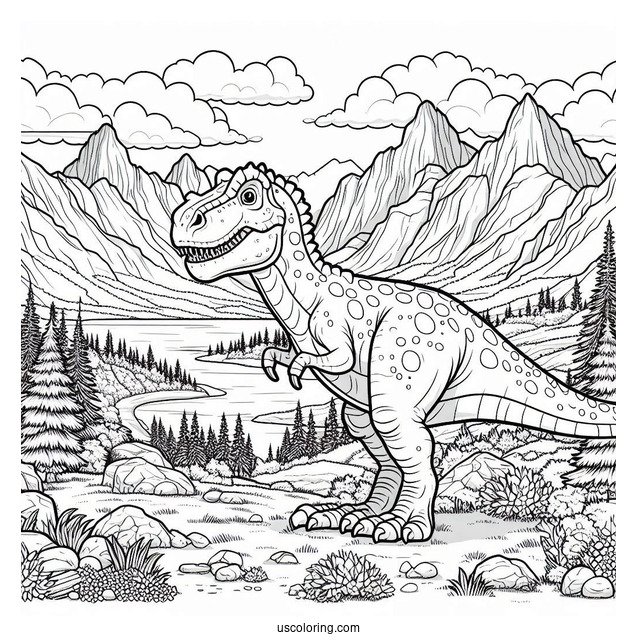 Dinosaur Coloring Page Of Mapusaurus In Mountain Landscape
