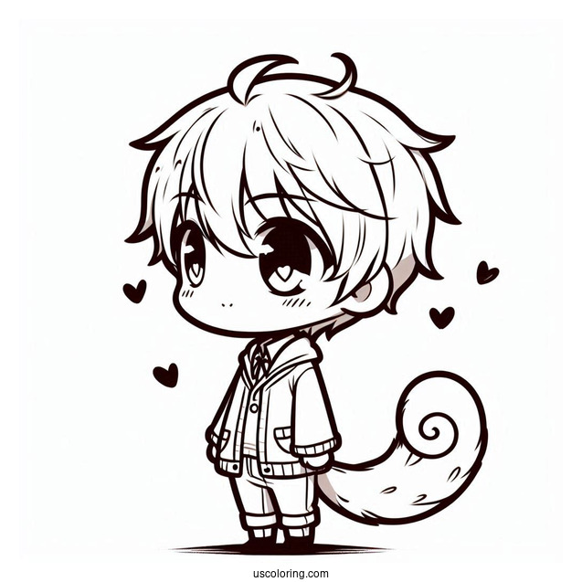 Cute Chibi Boy With Love Heart Tail Coloring Page