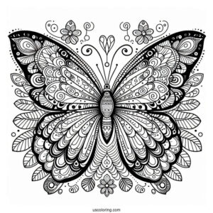 Complex Butterfly Coloring Page And Flower Mandala