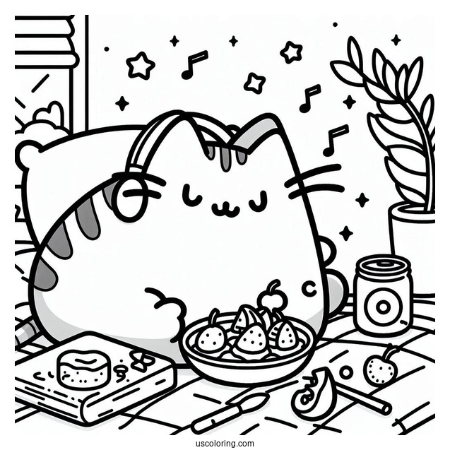 Pusheen Eating And Listening To Music In Bedroom