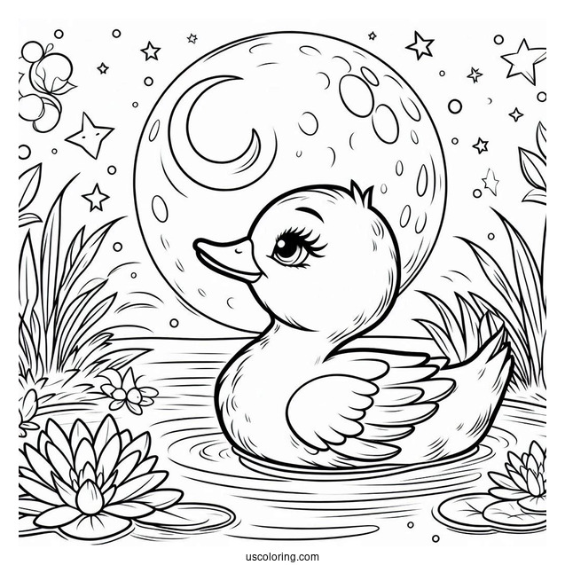 Duck Swimming Under the Moon Coloring Sheet