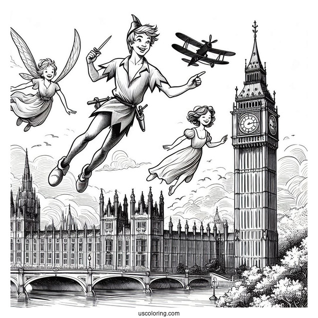 Peter Pan, Wendy, John, And Michael Flying Past Big Ben