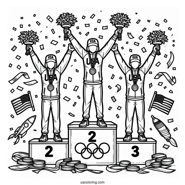 USA Olympics Coloring Page Champions On Tri level Podium With Confetti