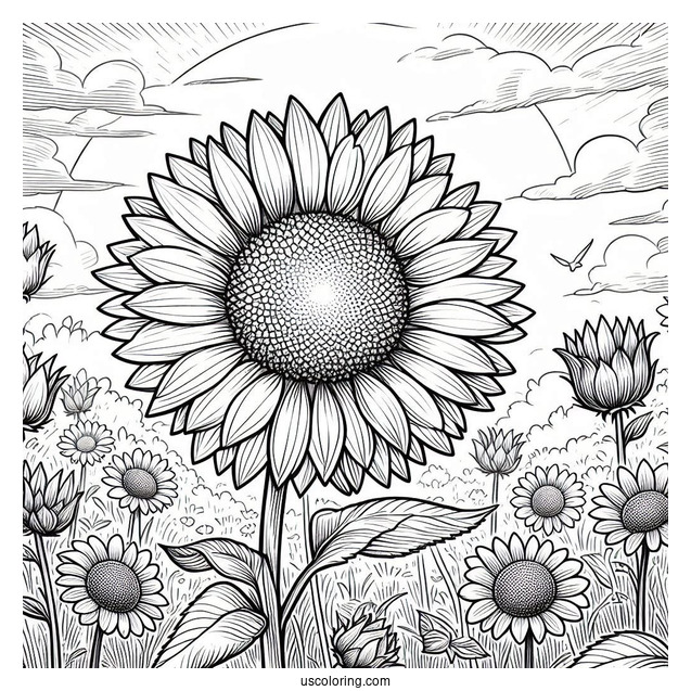 Flower Coloring Pages Of Sunflowers In A Field Under The Sun