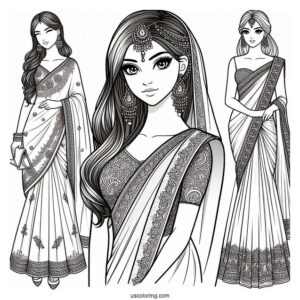 Indian Woman Wearing Elegant Sari Dress Coloring Page