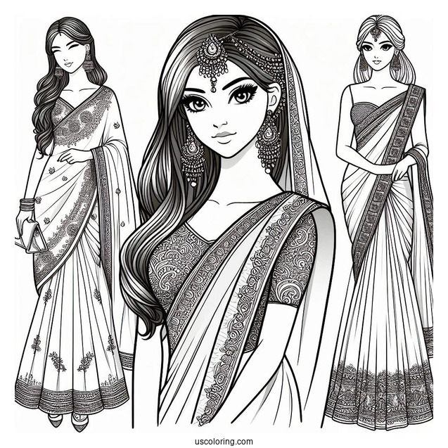 Indian Woman Wearing Elegant Sari Dress Coloring Page