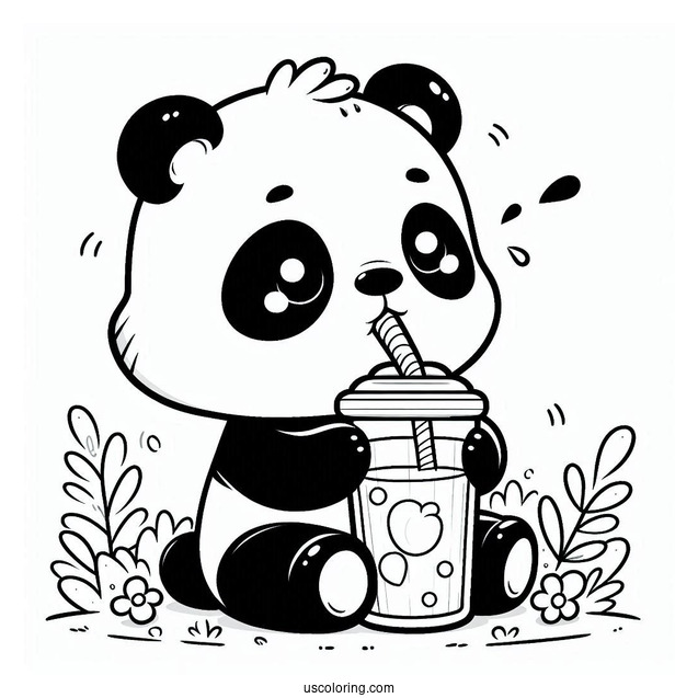 Cute Coloring Page Of Baby Panda Drinking A Beverage For Preschoolers