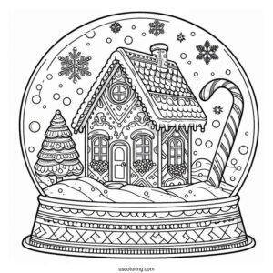 Fancy Gingerbread House With Candy Cane Snow Globe Coloring Page