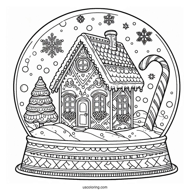 Fancy Gingerbread House With Candy Cane Snow Globe Coloring Page