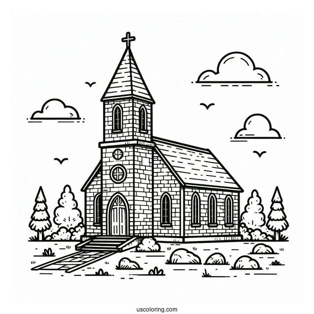 Cute Brick Church Coloring Page With A Tower For Kids
