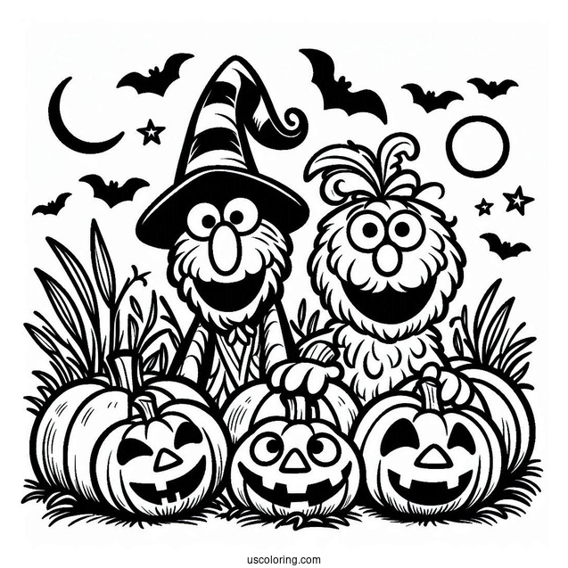 Halloween Sesame Street With Jack-O-Lanterns Coloring Page