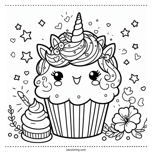 Unicorn Kawaii Cupcake Coloring Picture