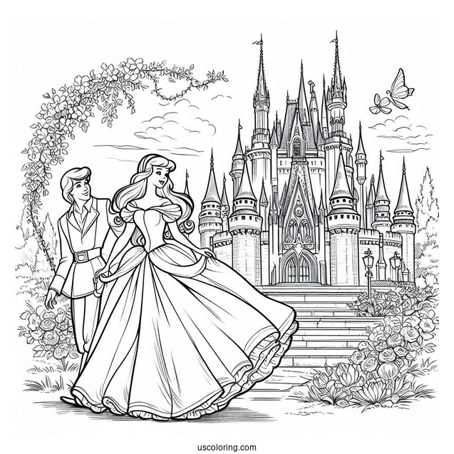 Belle And Cinderella In The Castle Garden Coloring Page