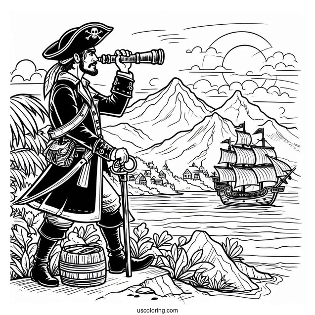 Pirate Coloring Page Surveying An island
