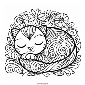 Cat Curled Up Coloring Sheet For Preschoolers