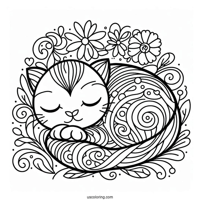 Cat Curled Up Coloring Sheet For Preschoolers