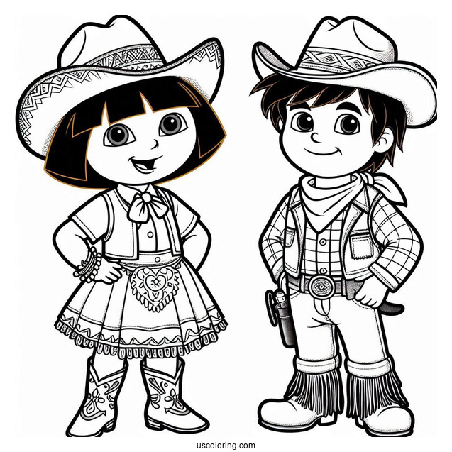 Dora And Diego Dressed As Cowboy And Cowgirl To Color