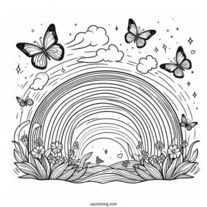Butterflies Flying Over A Rainbow Coloring Page For Kids