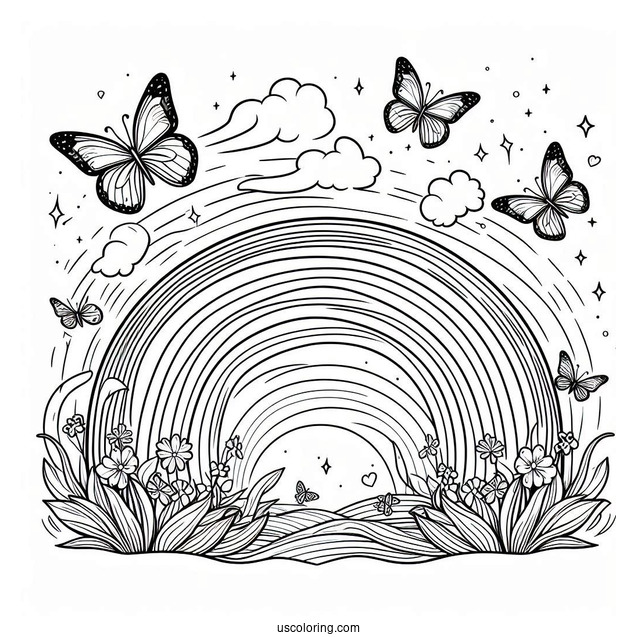 Butterflies Flying Over A Rainbow Coloring Page For Kids