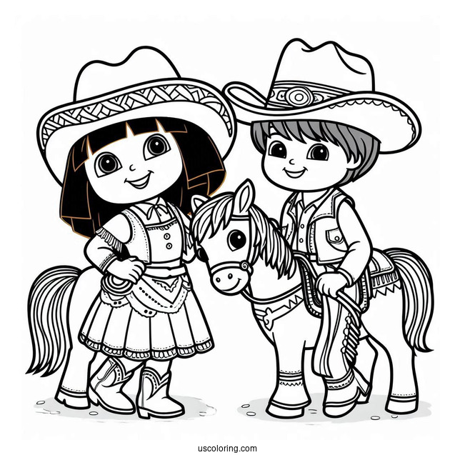 Dora And Diego Dressed As Cowboy And Cowgirl To Color