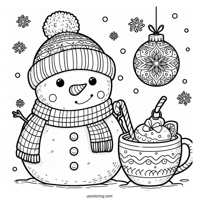 Snowman Holding Hot Chocolate In The Snow Bauble Christmas Ornaments Coloring Page